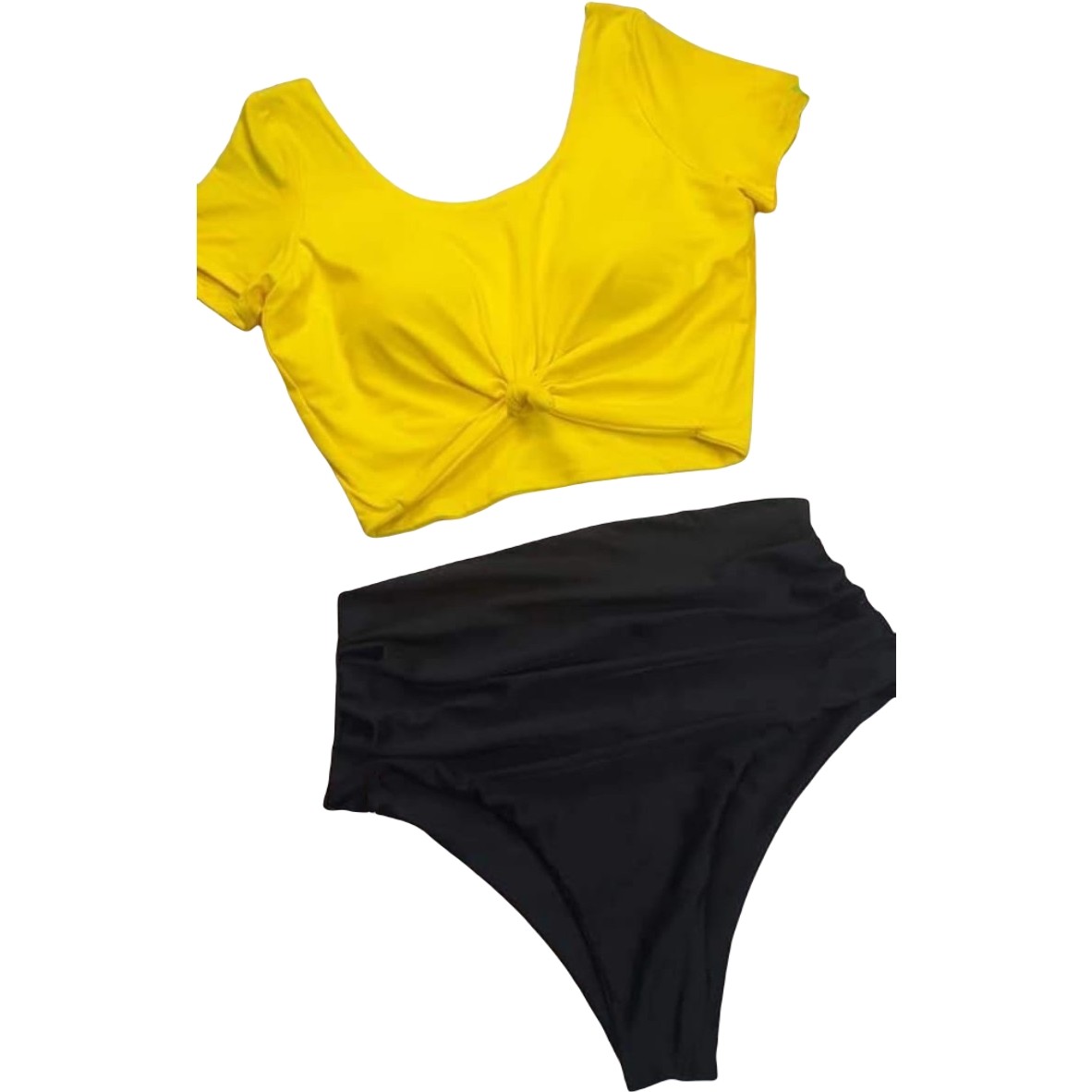 Round Neck Top with Knot & High-Waisted Bikini Briefs Set / Women's Casual Beachwear
